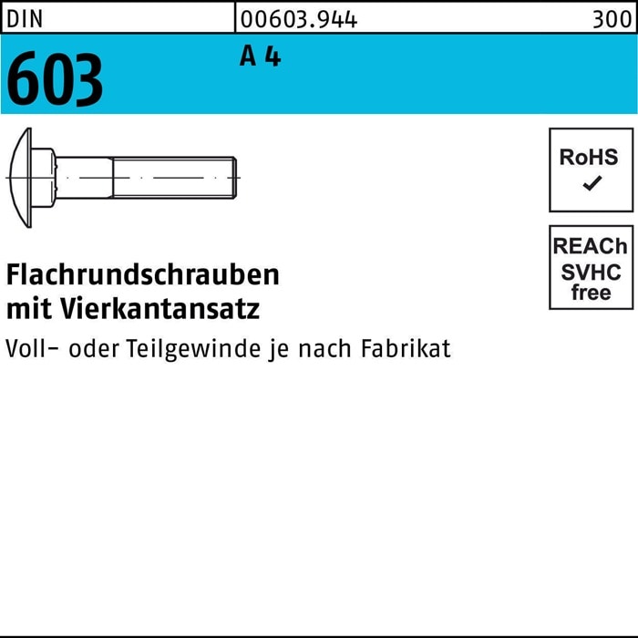 Produktbild Flachrundschraube DIN 603 m.Vierkantansatz M 10 x 55 A 4 (100 Schrauben pro Stück)