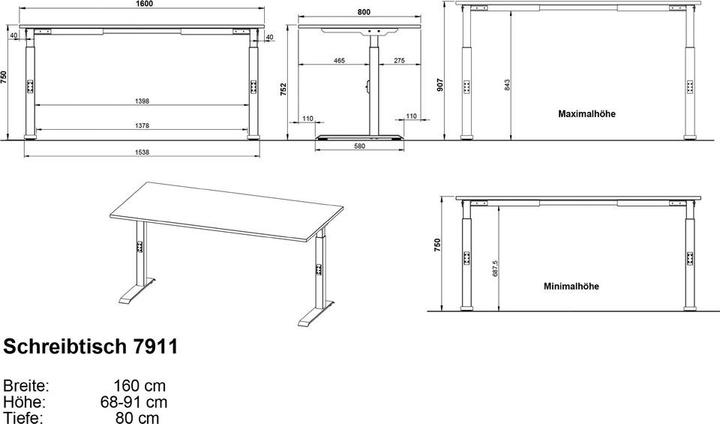 Actual product image Germania JET height-adjustable desk grandson oak rectangular, T-leg frame black 160.0 (160 x 80 x 120 cm)
