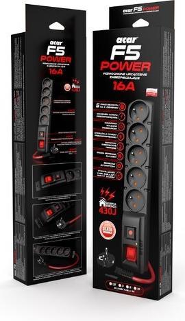 Actual product image Acar F5 POWER Black 5 AC outlet(s) (5x, CEE 7/16, 3 m)