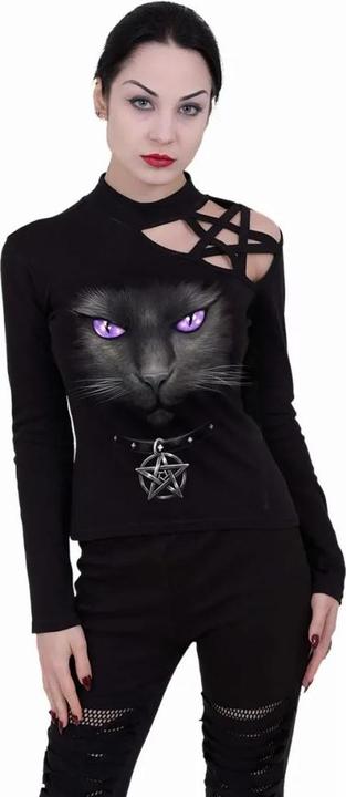 Actual product image Spiral Womens/Ladies Black Cat Pentagram Shoulder Long-Sleeved Top (XXL)