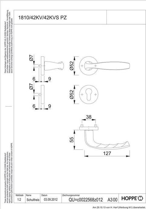 Produktbild Hoppe Rosettengarnitur New York 1810/42KV/42KVS Vierkantmass 8mm PZ F9 Aluminium Stahl Türdicke 37-42mm (Türgriff)