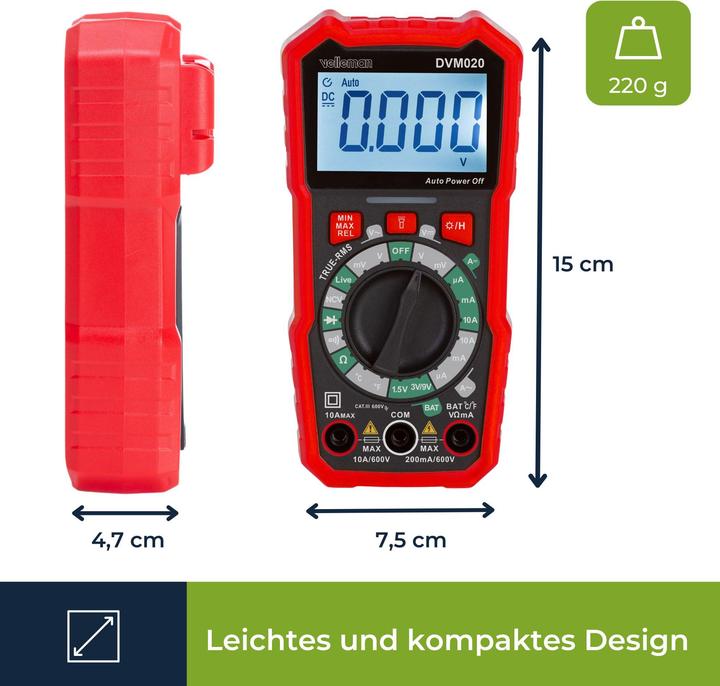 Produktbild Velleman Universelles, robustes Echt-Effektivwert-Digitalmultimeter - CAT III - 600 V - 8 Funktionen (CAT III 600V)