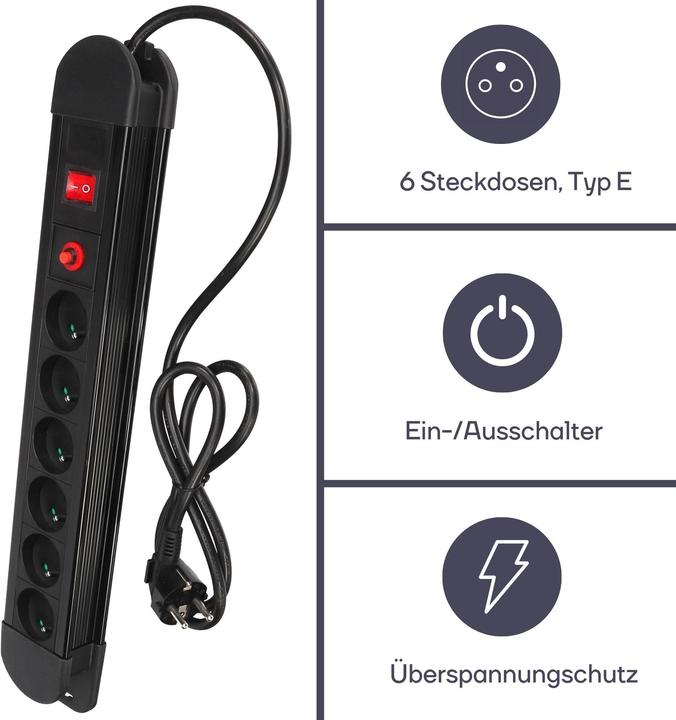 Produktbild Velleman 6-Fach-Steckdosenleiste - Mit überlastschutz - Stecker-Typ E (Französisches System) (6 x, CEE 7/5, 1.50 m)