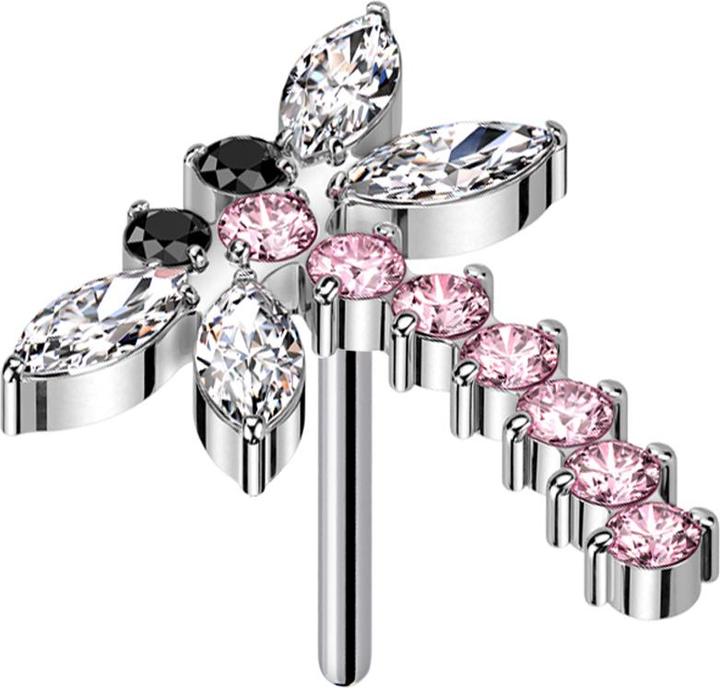Produktbild Star Piercing Threadless Libelle silber Kristalle pink (ohne Messing, Titan)