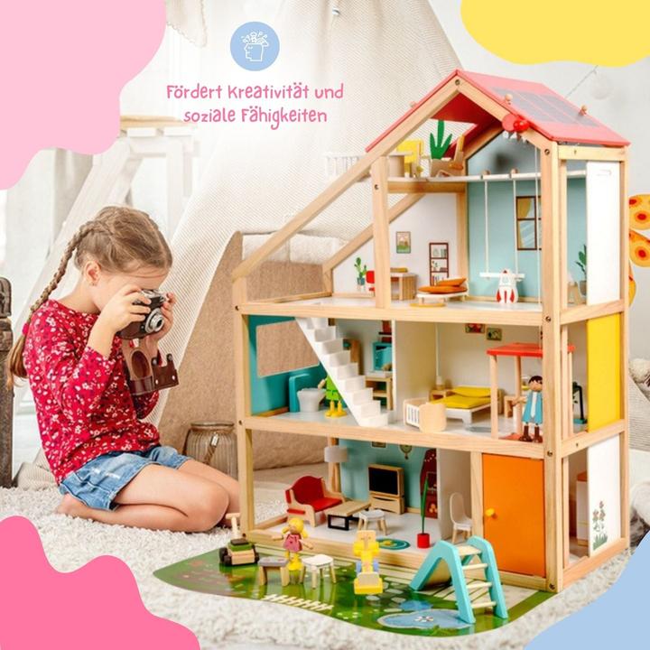 Image du produit Hermex 59-tlg. Holz-Puppenhaus mit Puppen Puppen-Villa mit Garten Spielhaus