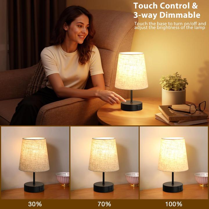 Produktbild Alopini Bedside Lamp Touch Dimmable, USB A+C Charging Function, Table Lamp with Lampshade (E27)