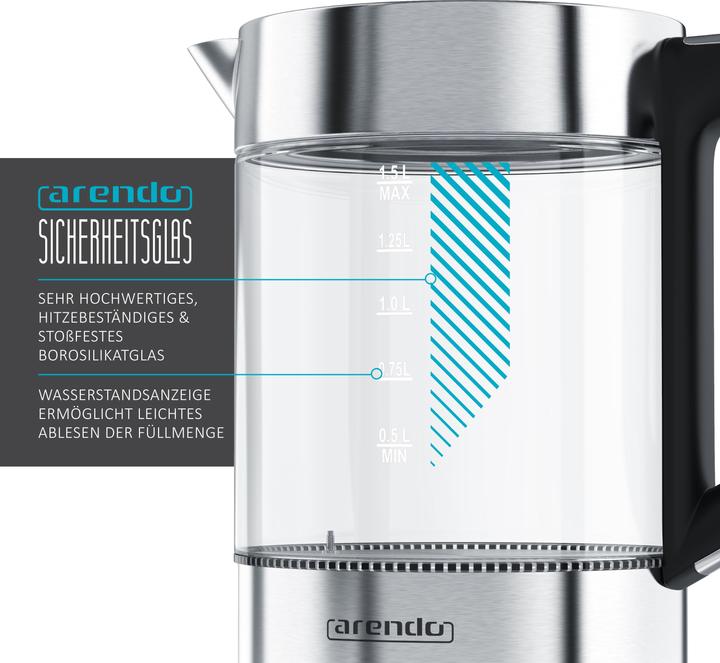 Image du produit Arendo Bouilloire 1,5 l, 2200 W, acier inoxydable & verre avec base, réglage de la température 70° C - (1.50 l)