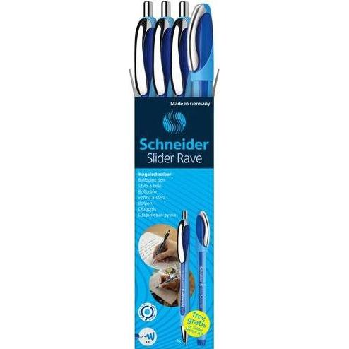 Schneider, Schreibstifte, AKTION: 3 Kugelschreiber Slider Rave blau Schreibfarbe blau + GRATIS Kugelschrei (Blau, 3 x)