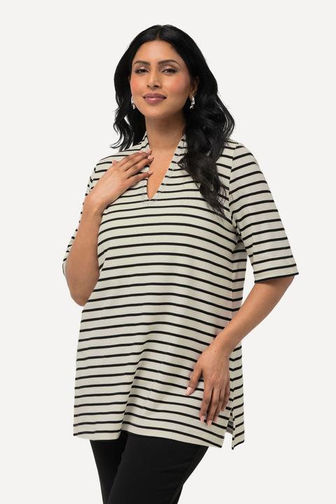 Immagine prodotto Ulla Popken T-shirt in cotone Pima con righe, scollo montante e mezze maniche (50, 52)