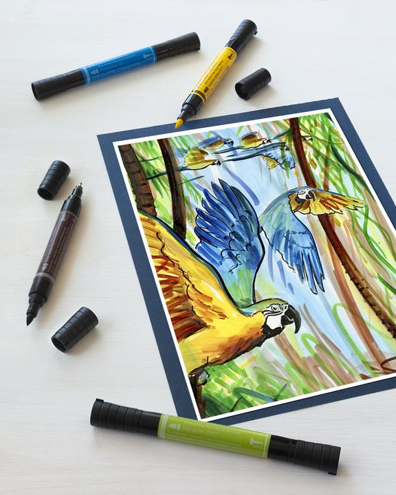 Produktbild Faber-Castell Tuschestift (#120 Ultramarine, #125 Middle Purple Pink, #175 Dark Sepia & #199 Black, #107 Cadmium Yellow, #219 Deep Scarlet Red, #109 Dark Chrome Yellow, #170 May Green, 10 x)