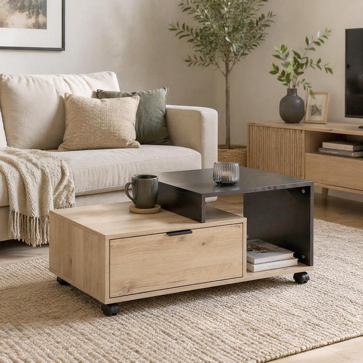 Produktbild HTI-Living Couchtisch Cedrik auf Rollen mit Schublade Artisaneiche-Schwarz (50 x 90 x 40 cm)