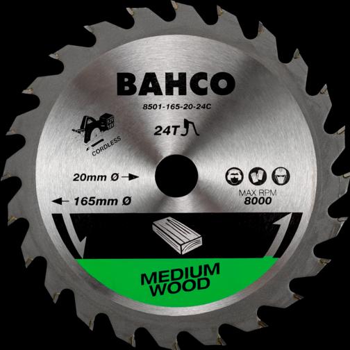 Bahco, Sägeblatt, 24-Zähne Kreissageblätter für Akku-Kreissägen in Holz 165 mm x 20 mm