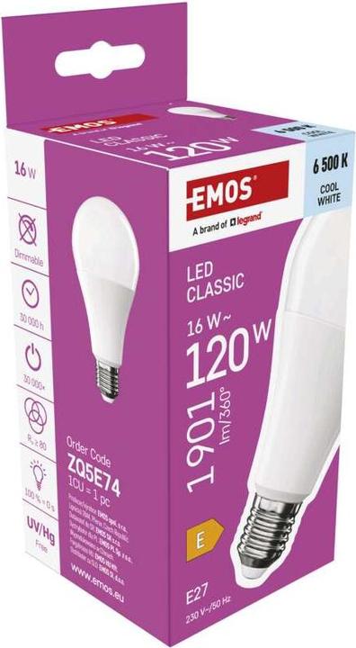 Produktbild Emos LED Lampe Classic A70 / E27 / 16 W (120 W) / 1901 lm / Kalt-Weiss (E27, 16 W, 1901 lm, 1 x, E)