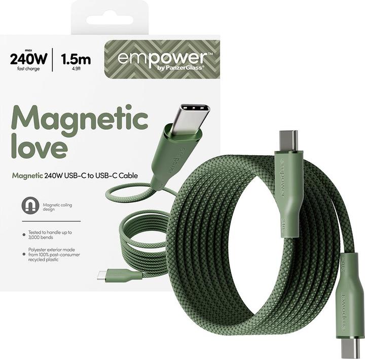 Actual product image PanzerGlass empower™ by ® Magnetic 240W USB-C to USB-C Cable | USB 2.0 | 1.5M | Sage (1.50 m, USB 2.0, 240 W)
