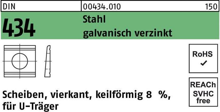 Produktbild U-Scheibe DIN 434 vierkant keilförmig 11 Stahl galvanisch verzinkt Neigung 8%