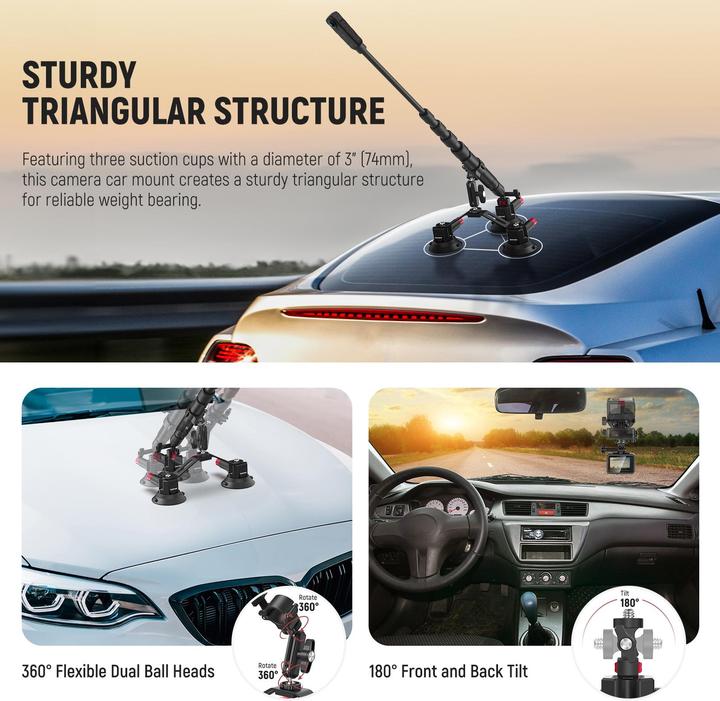 Actual product image Neewer Car Mount For Camera 3-in-1 Suction Cups Mount Kit With Extention Rod
