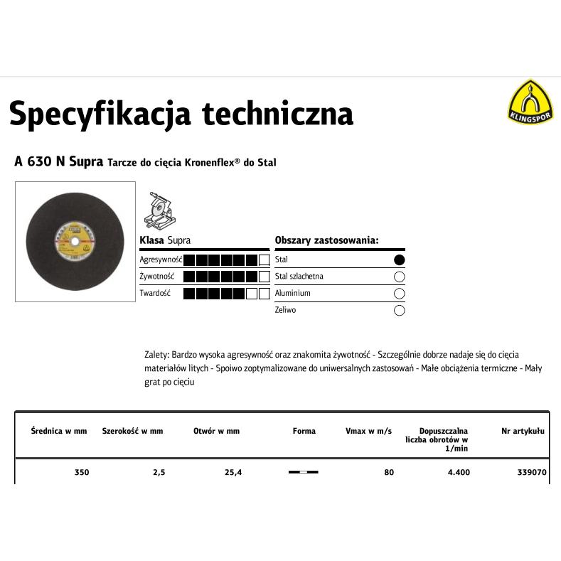 Klingspor, Sägeblatt, TARCZA DO CIĘCIA METALU 350*2,5*25,4 A630N Supra