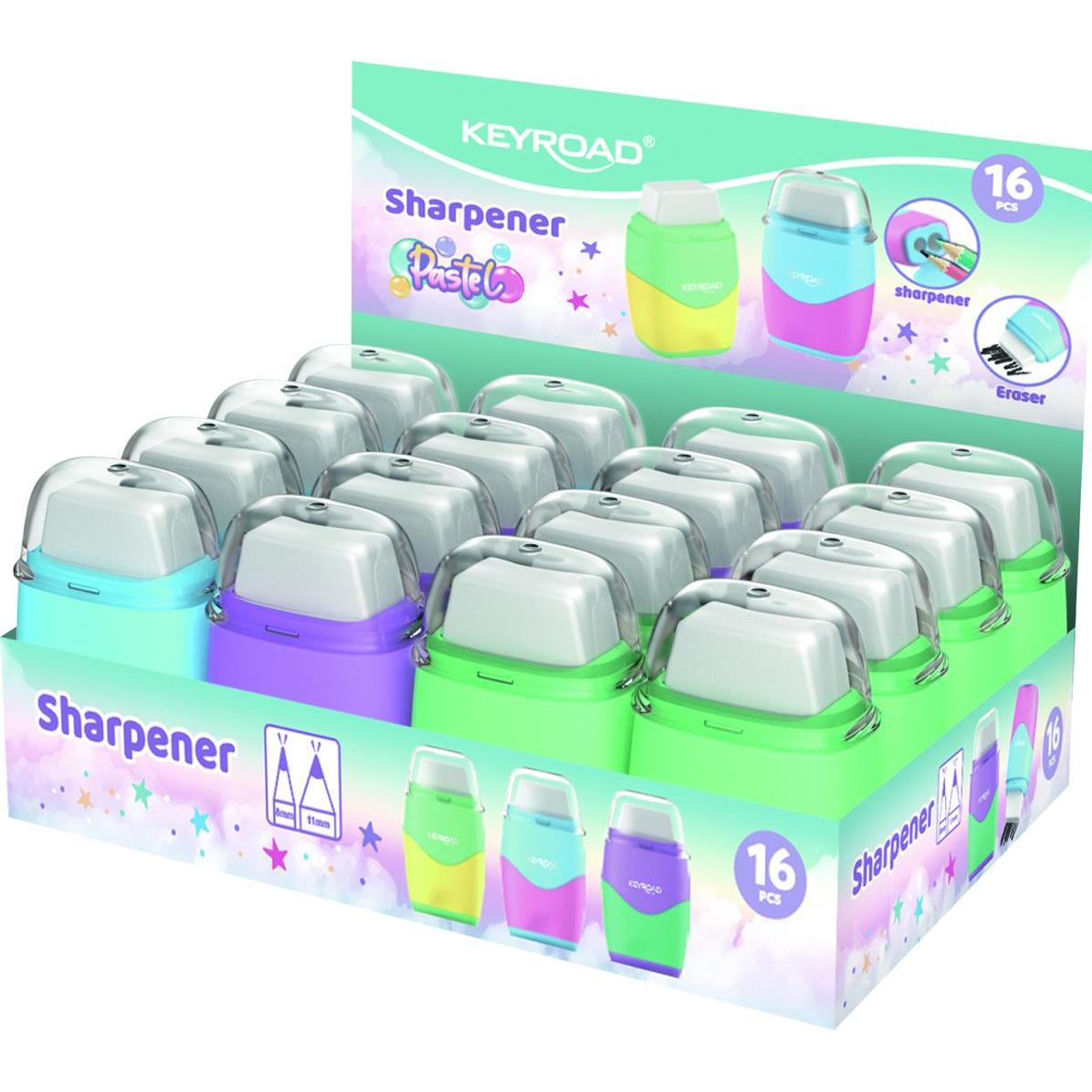 Keyroad, Spitzer, Kunststoffspitzer mit radiergummi, pastell, doppelt, box, farbmischung