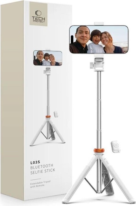 Actual product image Tech-Protect L03S Bluetooth selfie stick with remote control, tripod up to 148cm and 180 head - whit