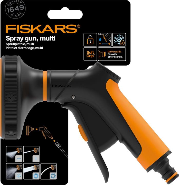 Immagine prodotto Fiskars Pistola a spruzzo Multi, 5 funzioni, Portata infinitamente variabile, Con regolatore frontale e