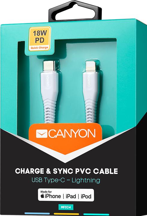 Produktbild Canyon MFI-4 Type C Cable To MFI Lightning for Apple, PVC Mouling,Function: with full feature( data (1.20 m, USB 3.0, 18 W)