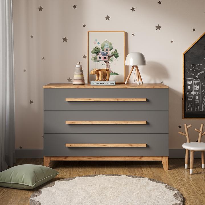 Produktbild VitaliSpa Wickelkommode Malia, Grau/Artisan/Artisan, 133.2 x 98 cm mit 3 Schubladen