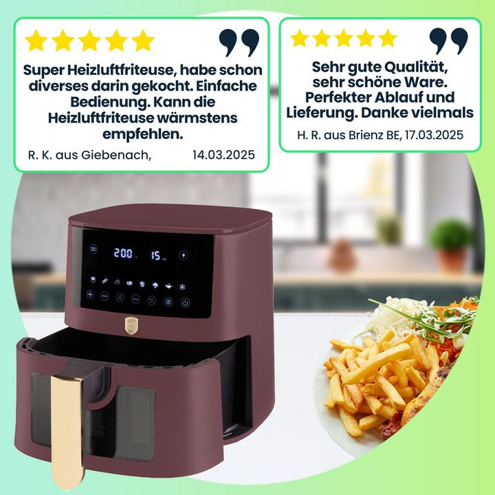 Produktbild BerlingerHaus Heissluftfritteuse mit 8 Kochprogrammen und Warmhaltefunktion, 5l, bordeaux