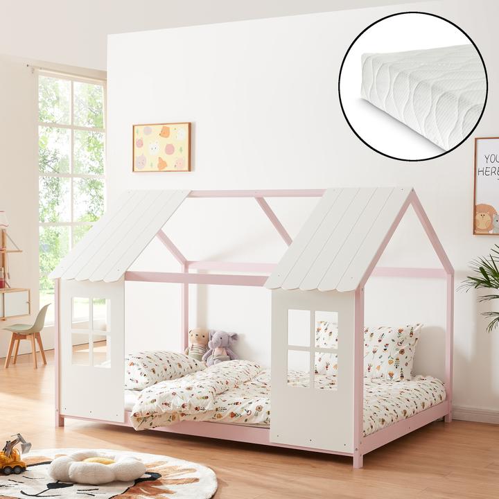 Actual product image En.Casa Halboffenes Kinderbett Tostedt mit Matratze 120x200 cm Rosa/Weiss (120 x 200 cm)