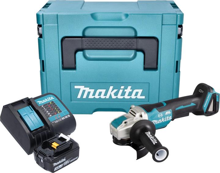 1x smerigliatrice angolare a batteria Makita DGA 520, 1x impugnatura laterale 36 cpl. (158237-4), 1x coperchio di protezione 125 mm (347618-9), 1x batteria ricaricabile Makita BL 1830 B 18 V 3.0 Ah, 1x caricatore Makita DC 18 SD, 1x valigetta Makita Makpac