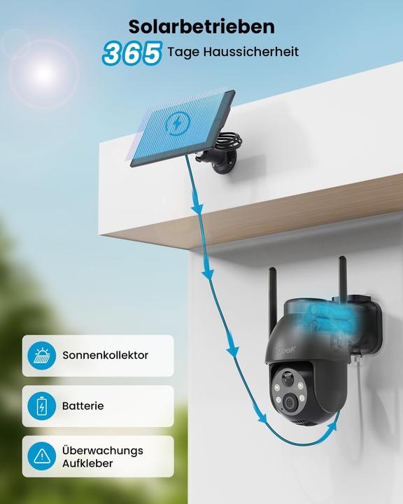 Produktbild IeGeek 2K 360° PTZ Überwachungskamera mit Solarbetrieb, Bewegungsmelder, Farb-Nachtsicht, 2-Wege-Audio