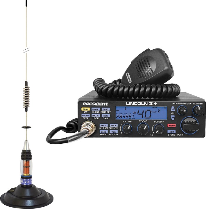 PNI CB President LINCOLN II radio package + CB antenna ML70, length 70 cm, 26-30 MHz, 200 W (0.00 km)