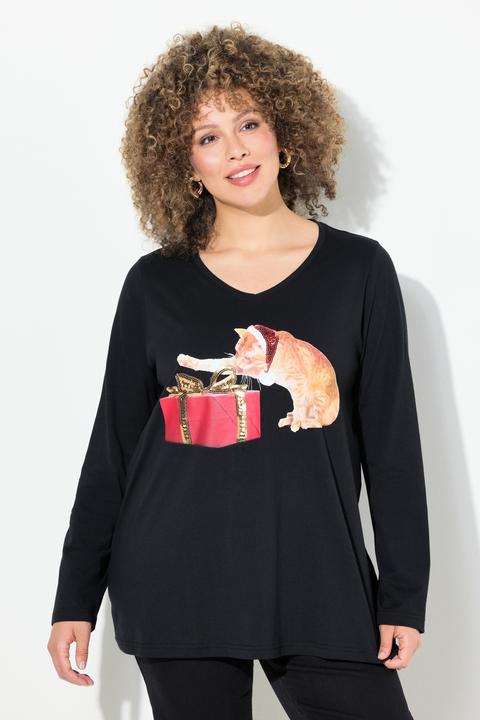 Immagine prodotto Ulla Popken Maglia natalizia dal taglio svasato con gatti, scollo a V e maniche lunghe (50, 52)