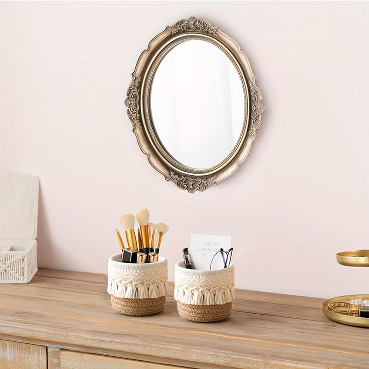 Produktbild Alopini 1pc Handmade Boho Chic Makeup Brush Holder - Wicker Cosmetic Storage Basket with Brushes