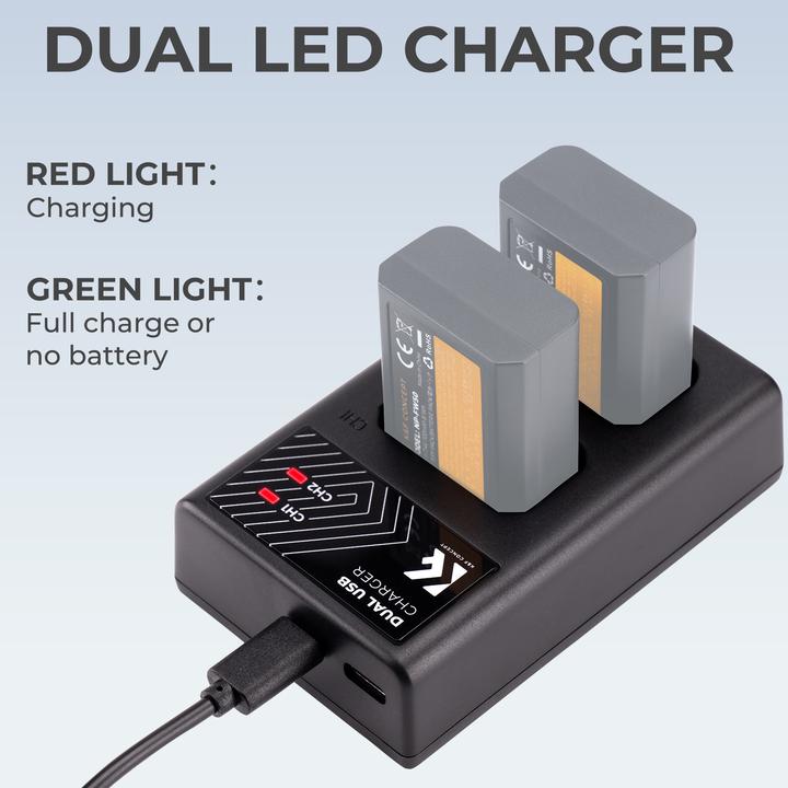K&F Concept FW50 Digital Camera LED Dual Channel Charger with Type C Charging Cable (Kamera Akku Ladegerät)