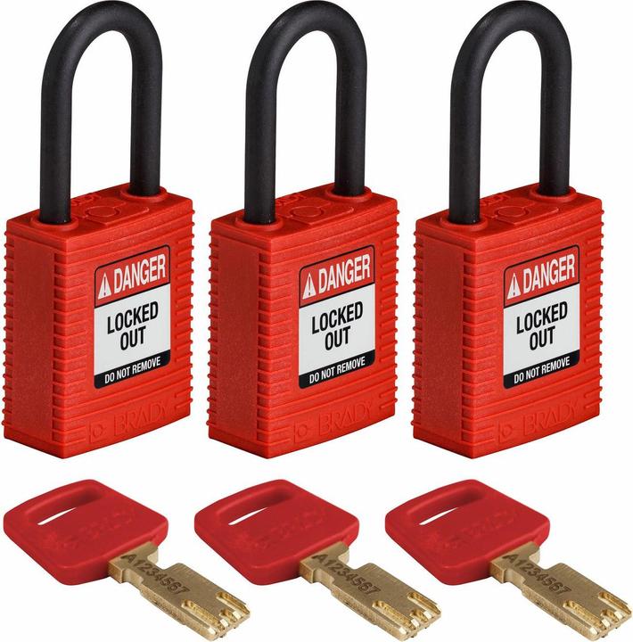 Actual product image Brady Safekey nylon safety lock with nylon shackle, red, shackle height 38 mm, shackle diameter 6.4 mm