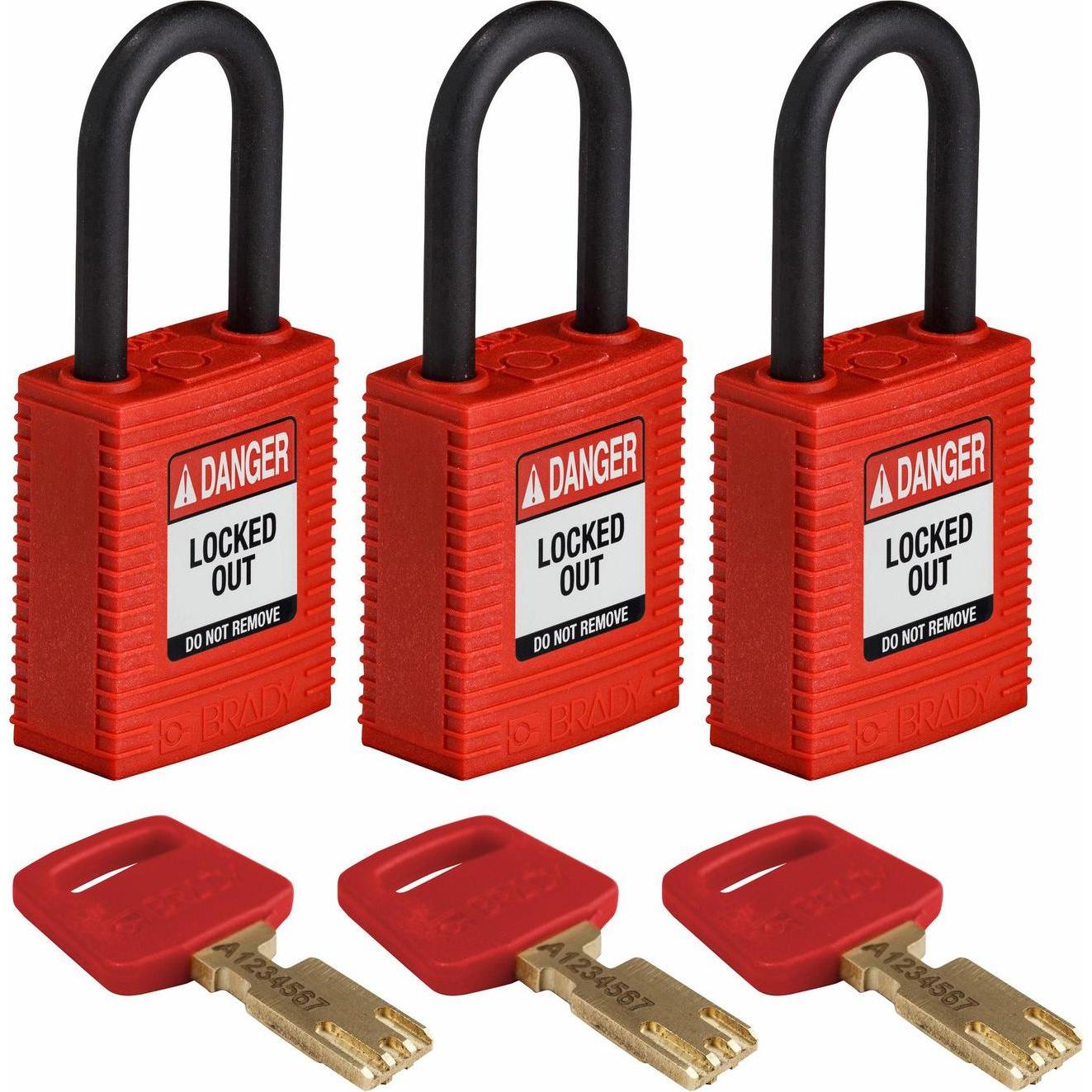 Brady, Vorhängeschloss, Safekey Nylon-Sicherheitsschloss mit Nylonbügel, Rot, 38 mm Bügelhöhe, 6.4 mm Bügeldurchmess