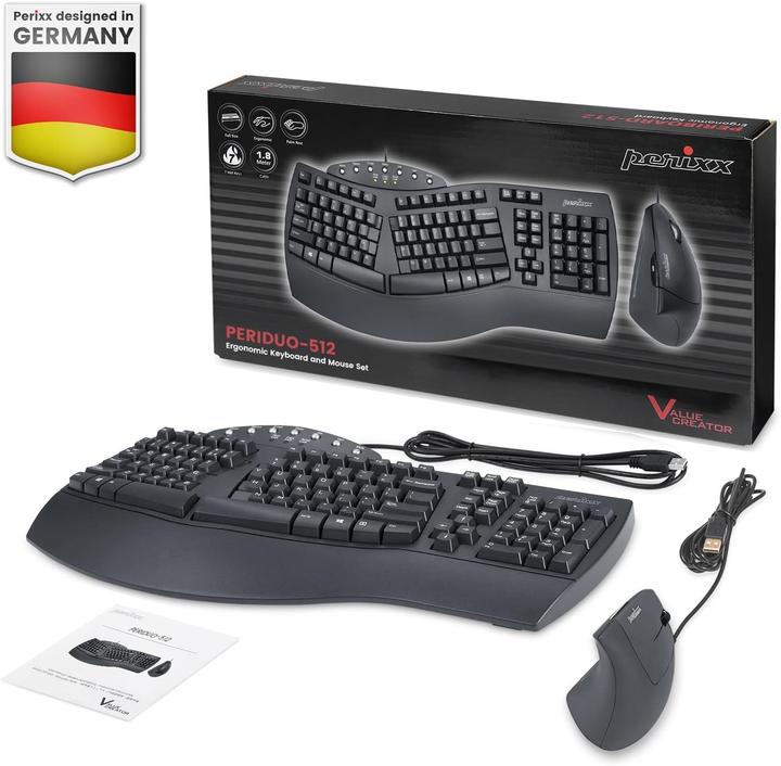 Immagine prodotto Perixx PERIDUO-512 DE, set tastiera e mouse, cablato, ergonomico, nero (DE, Cablato)