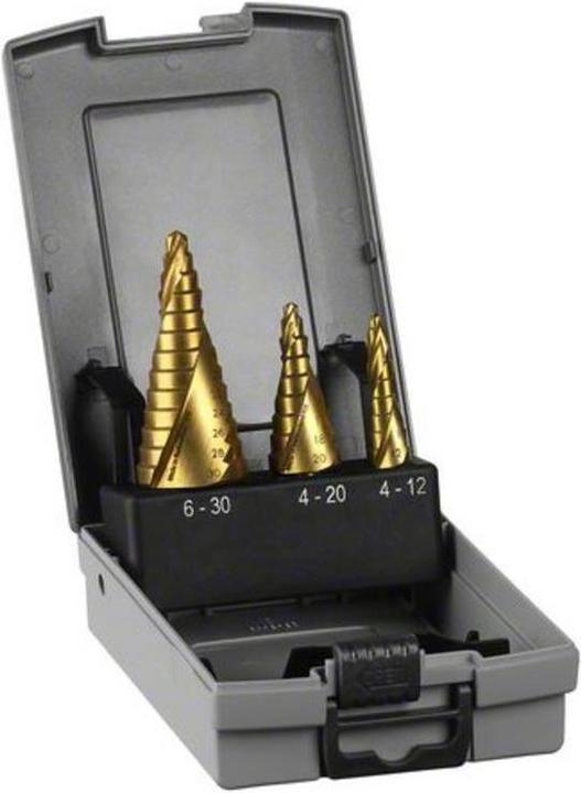 Immagine prodotto Bosch Professional Zubehör Set di punte a gradino HSS-TiN, 3 pezzi, 4-12/4-20/6-30 (4 - 20, 4 - 12, 6 - 30)
