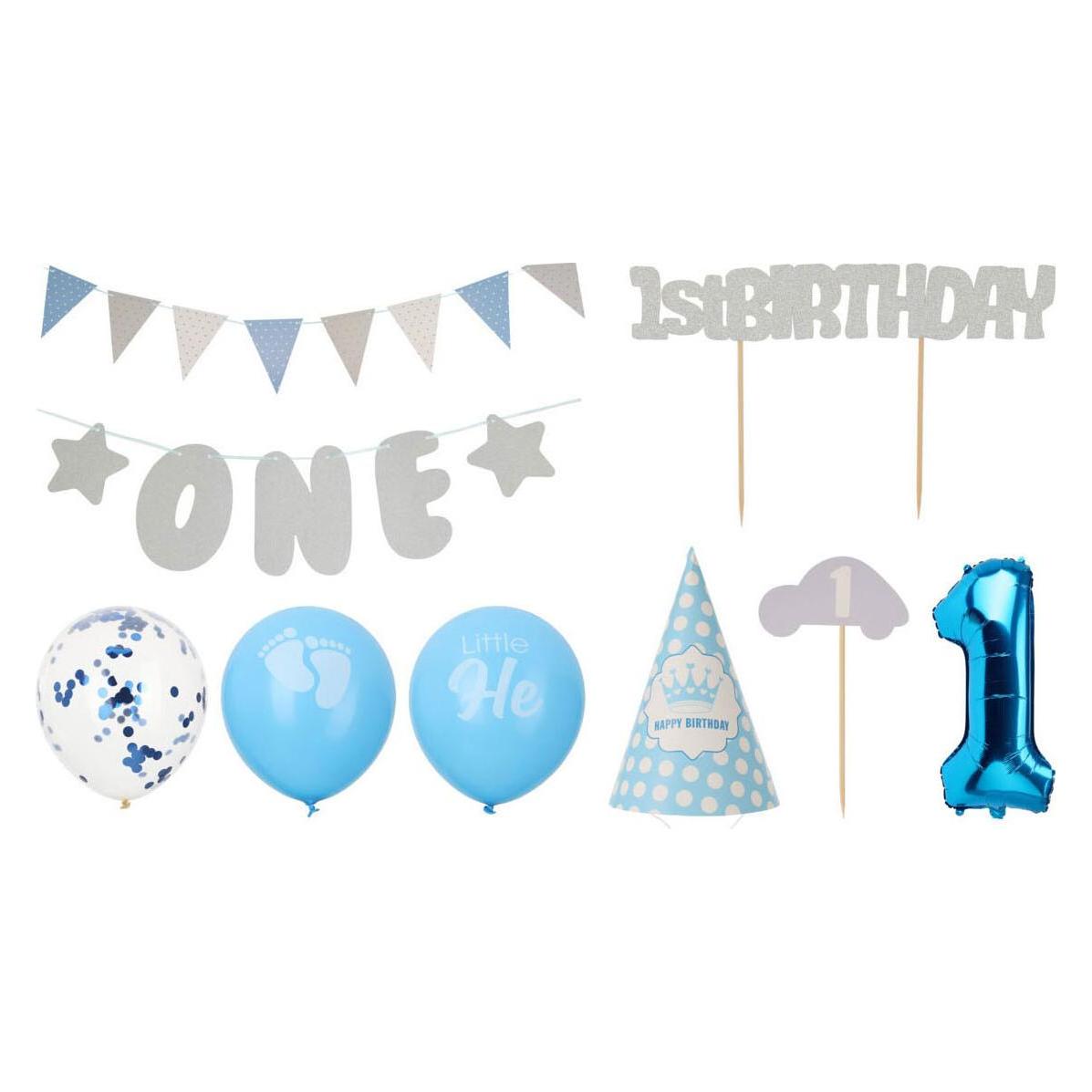 1e Verjaardag Feestdecoratieset - Blauw/jongen, 9 Stuks. (9 Pcs.)