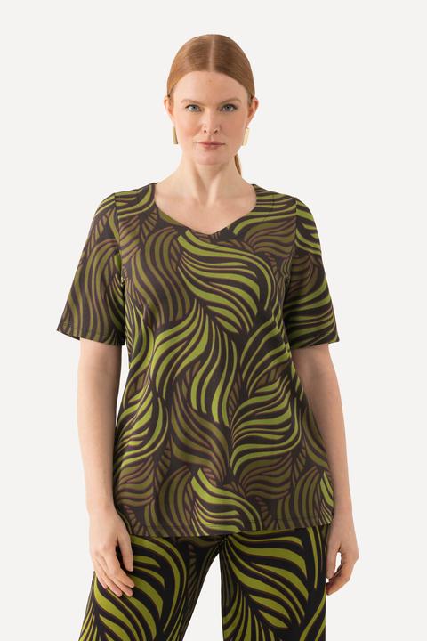 Immagine prodotto Ulla Popken Maglia in tessuto fluente con foglie di palma, scollo a cuore e mezze maniche (42, 44)