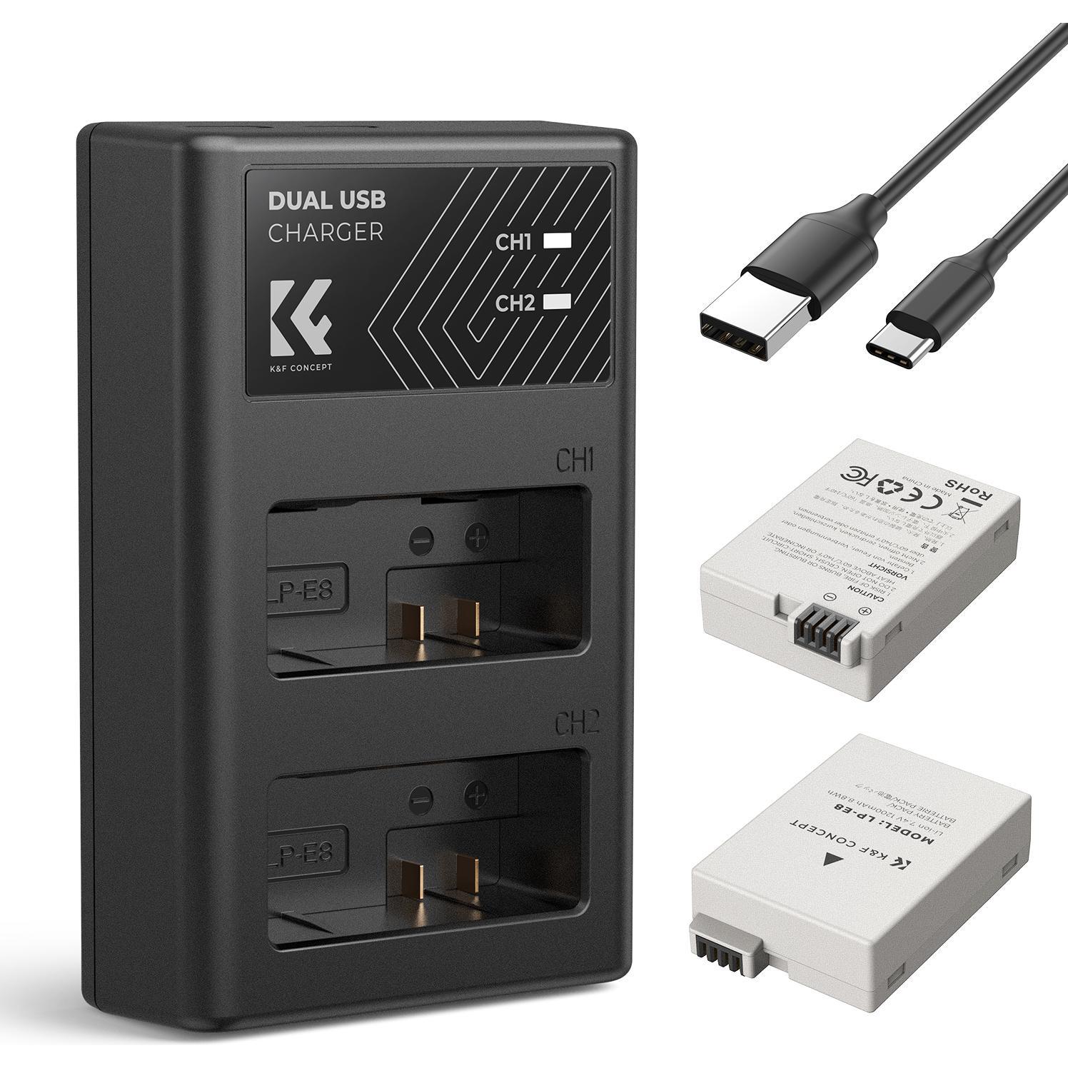 K&F Concept Batteria doppia per fotocamera digitale LP-E8 1200mAh con caricatore a LED a doppio canale, per (Batteria della fotocamera), Alimentatore 