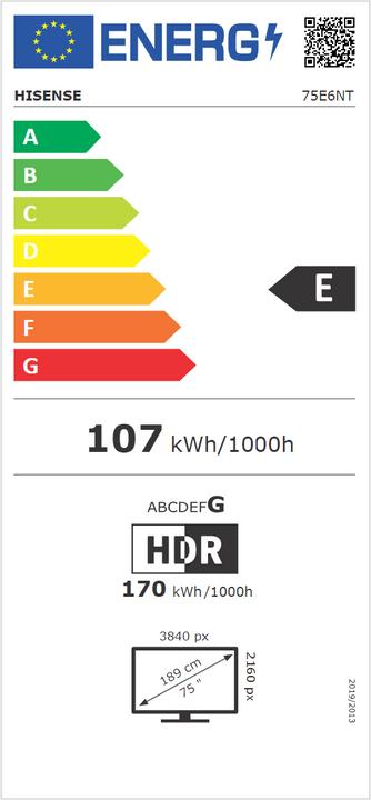 Label énergétique Hisense TV 75E6NT (189 cm (75 Zoll), schwarz, UltraHD/4K, HDR, Triple Tuner) (75", LED, 4K)