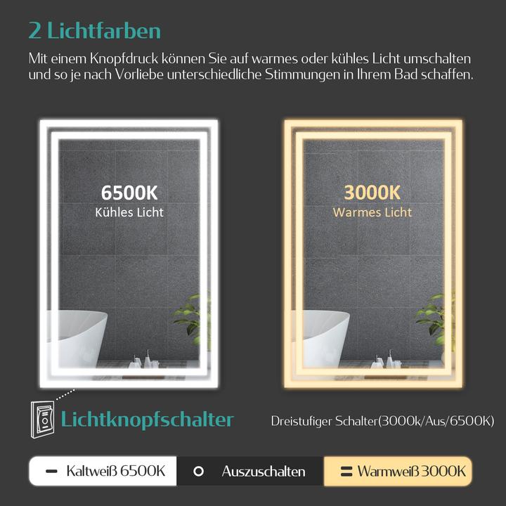 Actual product image Emke LED Bathroom Mirror 60x50 cm, Warm-/Cool White, Toggle Switch, Anti-Fog, Aluminum, IP44