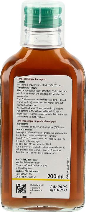 Nährwerte und Zutaten Schönenberger Ingwer naturreiner Frischpflanzentrunk Bio Saft (200 Stk., Flüssigkeit)