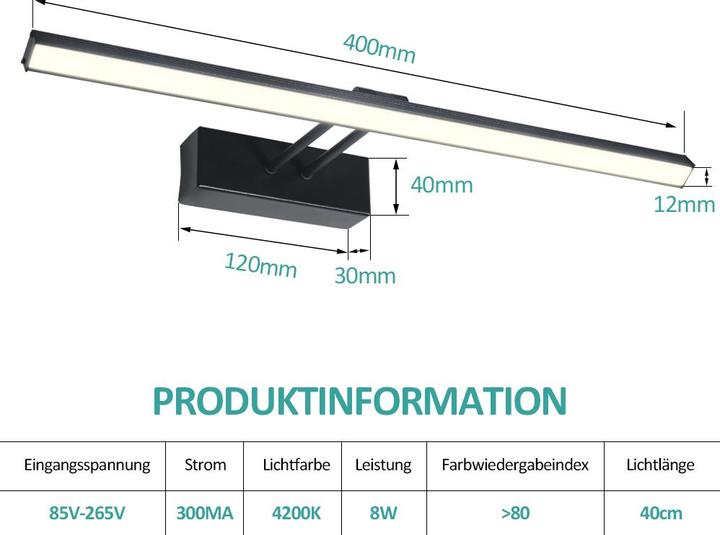 Produktbild Emke Spiegelleuchte, NeutralWeiss(4200K), 40cm, Schwarz
