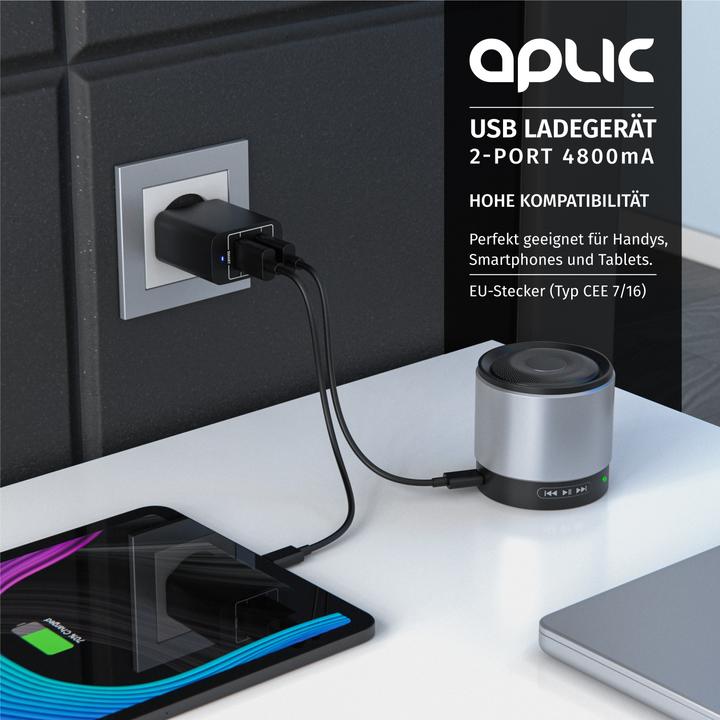 Produktbild Aplic USB Ladegerät 4800 mA, 2 Port Netzteil für Handy/Smartphone/Tablet, 4800mA - 2400mA je Port, schwarz (28 W)