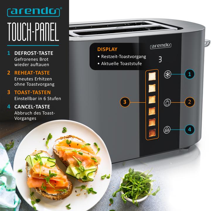 Produktbild Arendo Toaster Edelstahl 2 Scheiben Kurzschlitz, Restzeit & Bräunungsgradanzeige, Touch Display, 800 W