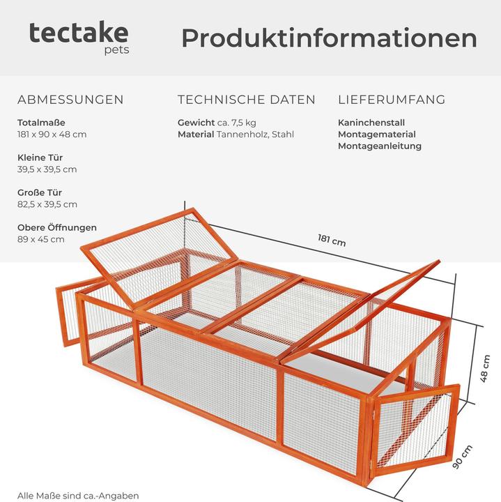 Image du produit tectake Kaninchenstall mit 4 Türen 181x90x48cm