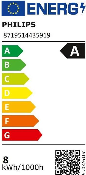 Etichetta energetica Philips Lampadina LED Forma E27 7,3 Watt Trasparente Filamento Bianco Caldo (E27, 1535 lm, 1 x)