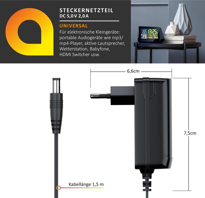 Produktbild Aplic DC Hohlstecker Netzteil 5,5mm x 2,5mm, 2,5A 5V Universal-Netzteil, Ladegerät-Adapter, EU-Stecker